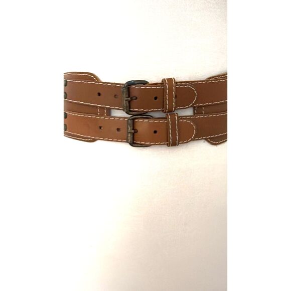 VTG Divided H&M Vintage Brown Leather Double Buckle Wide Waist Cinch Belt Sz S